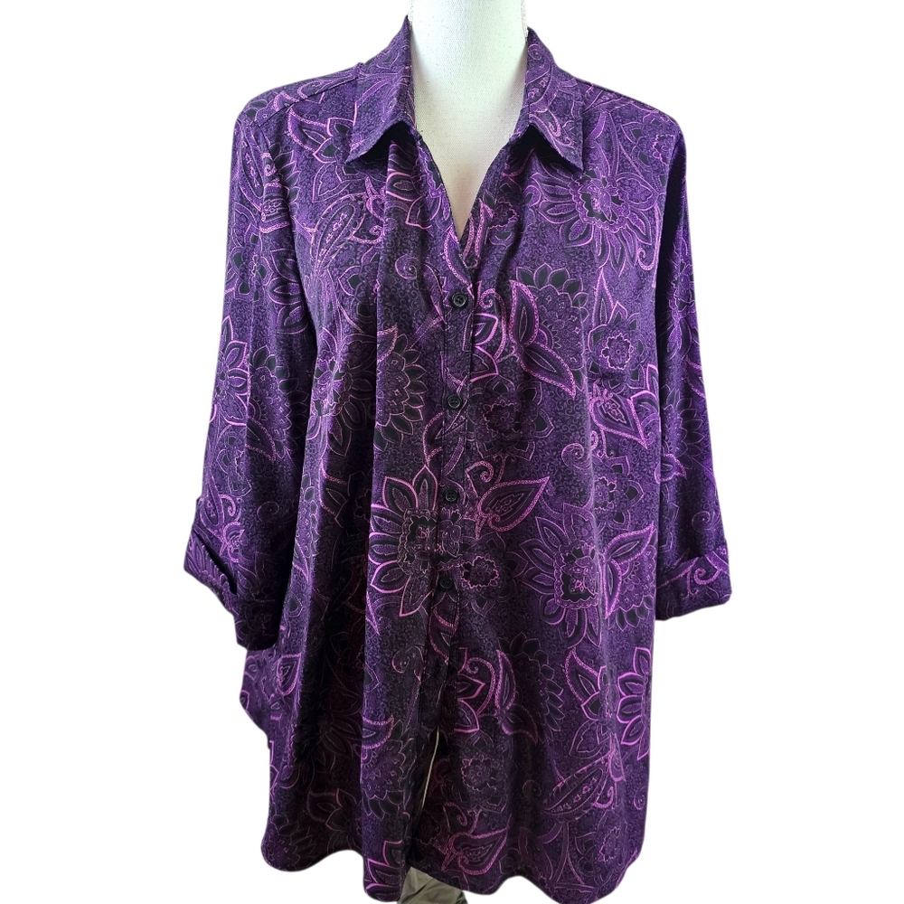 Catherine's Purple Paisley Button Down Tunic Top Blouse In 14/16W